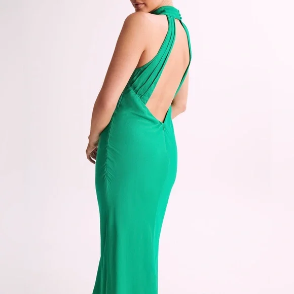 Meshki Claire Green Satin Drape Back Maxi Dress with Split - Picture 5 of 11